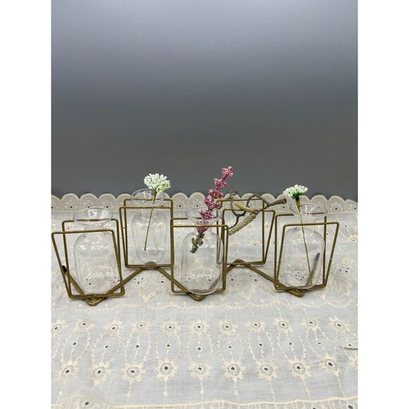 Mid-Century Modern Brass & Glass Geometric Bud Vase Set w 4 Vases - Picture 5 of 12